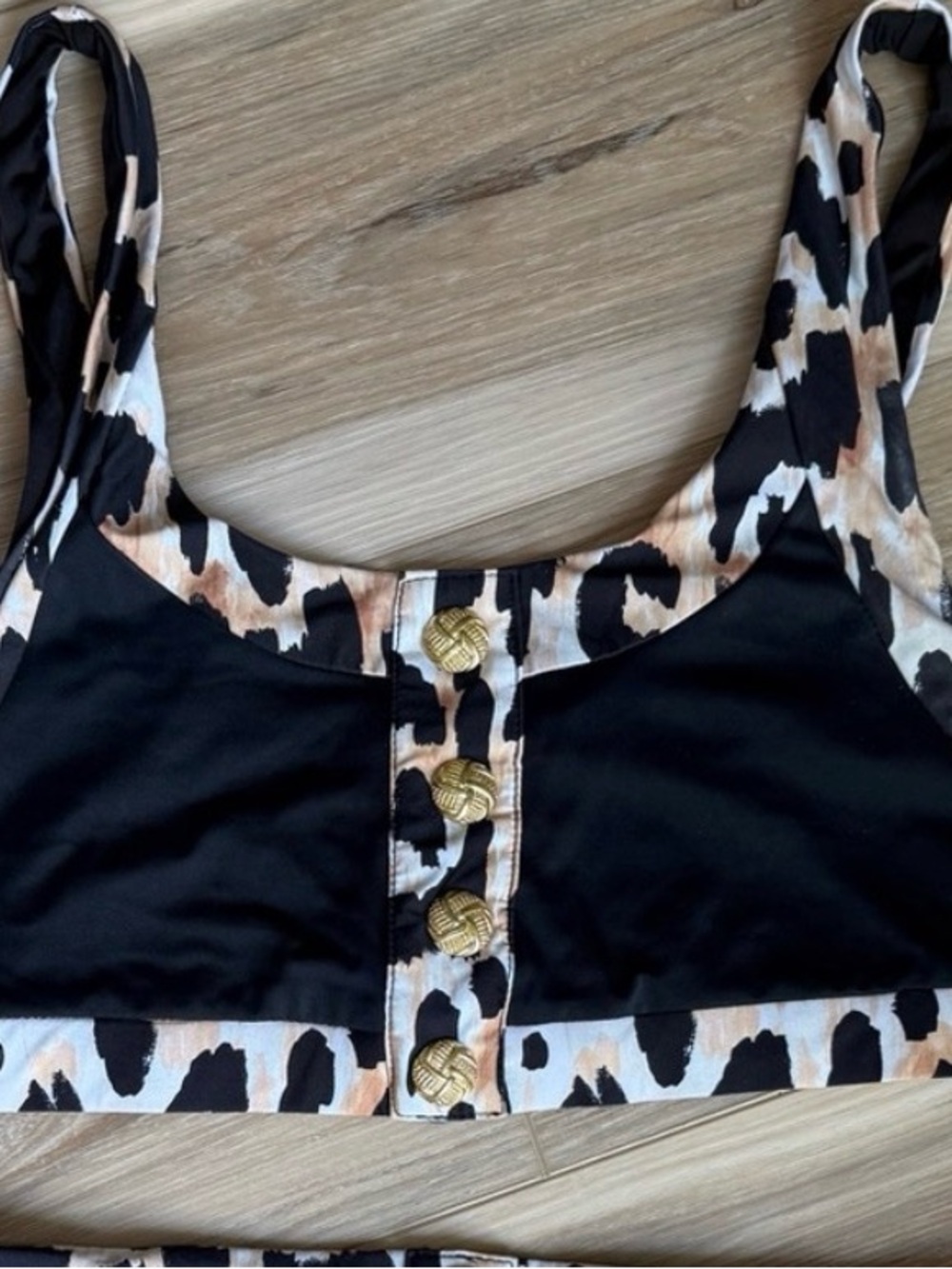 NWT Beach Riot Black and Cream Animal-Print bikini top with gold buttons. - Picture 3 of 6